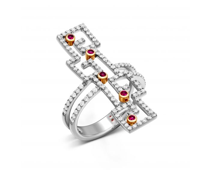 A ring with rubies and diamonds in a combination of white and rose gold 1-017 234