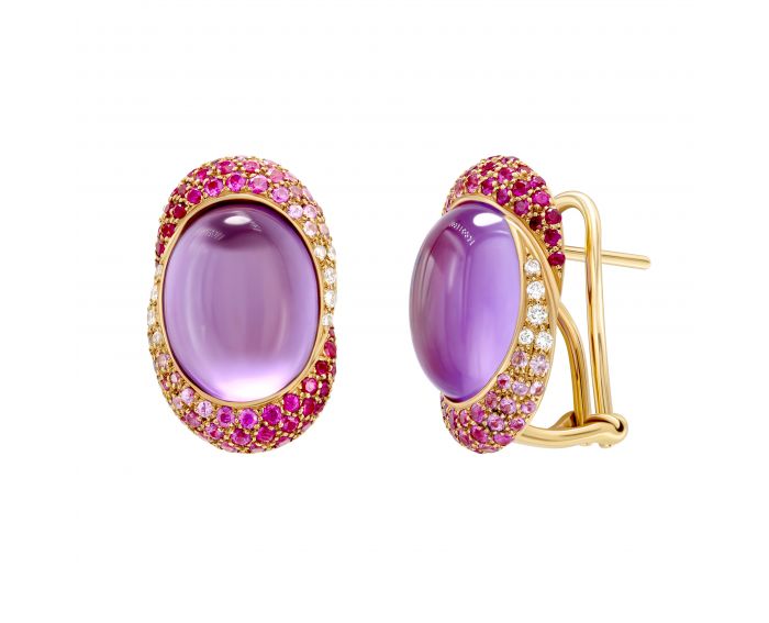 Earrings with diamonds, amethysts, erysipelas sapphires and rubies in ivory gold 1-093 290