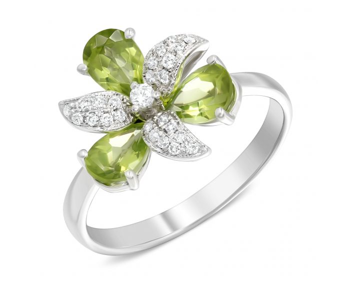 Ring with diamonds and chrysolite in white gold