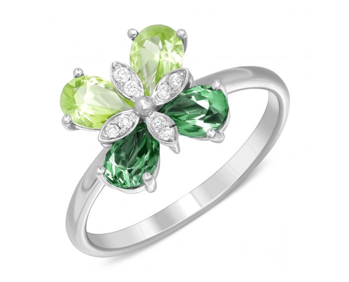 Ring with diamonds, chrysolite and topaz