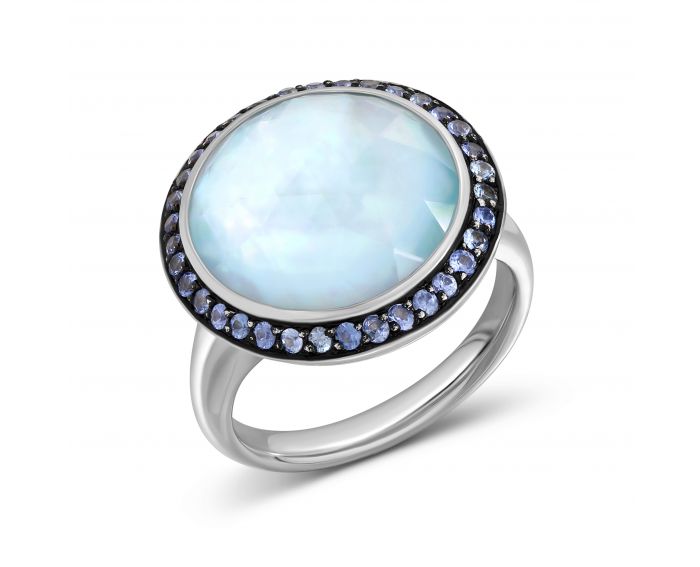 Ring with mother-of-pearl topazes and sapphires in white gold 1К113-0013