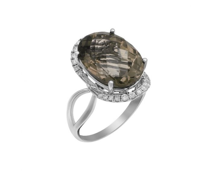 Ring with smoky quartz and diamonds in white gold 1-109 657