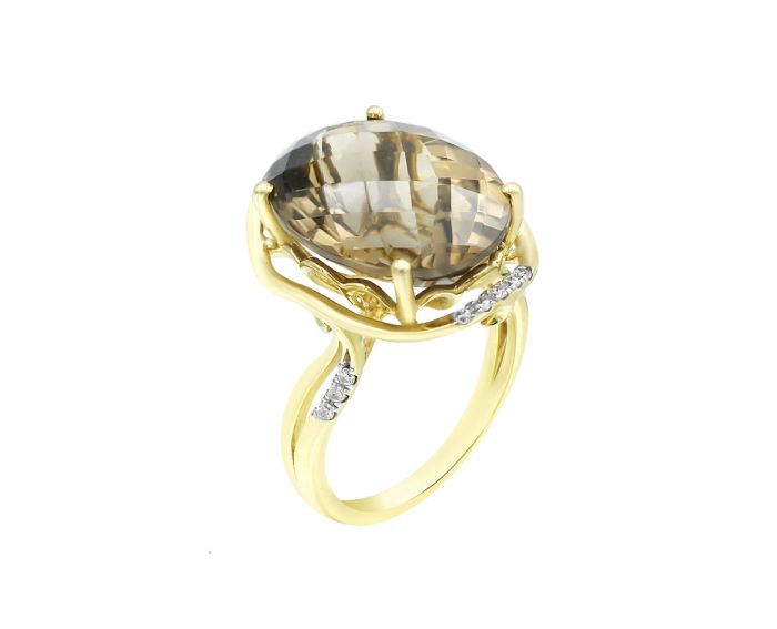Кольцо из желтого золота с бриллиантами и дымчатым кварцом