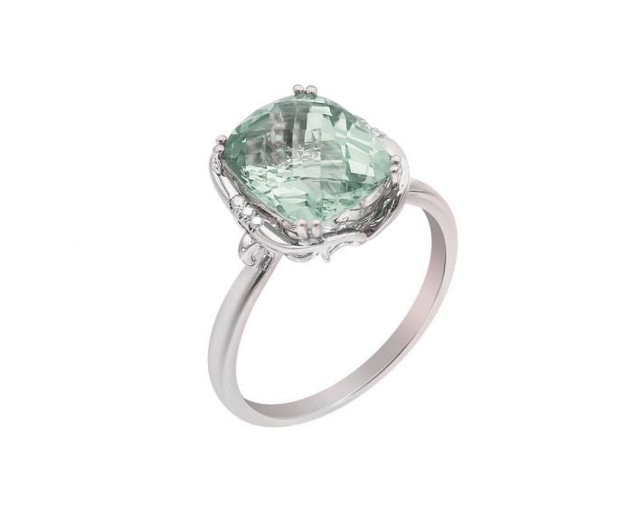 White gold ring with diamonds and prasiolite