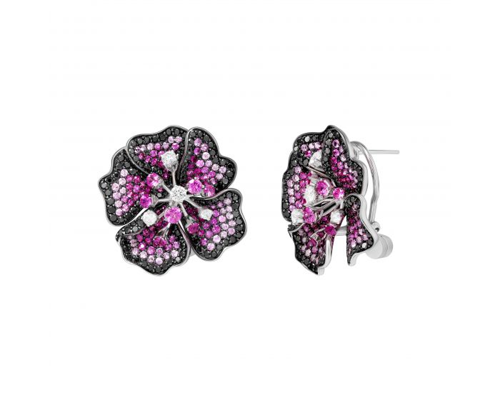 Flower earrings with diamonds and pink sapphires in white gold 1-114 885