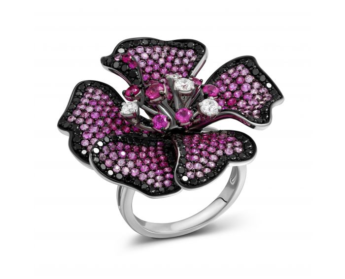 Flower ring with diamonds and pink sapphires in white gold 1-114 834