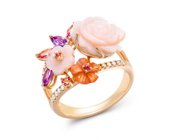 Ring with diamonds, amethysts, mother-of-pearl, topazes, carnelian