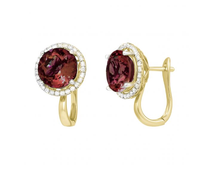 Earrings with garnets and diamonds on a stake in yellow gold