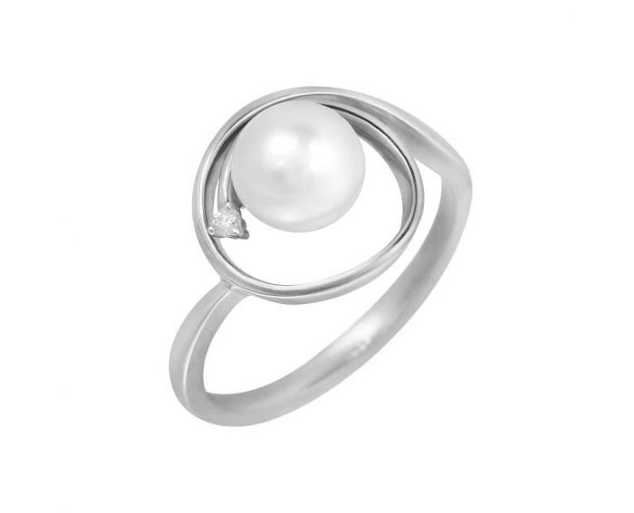 Ring with pearl and diamond in white gold 1-140 902