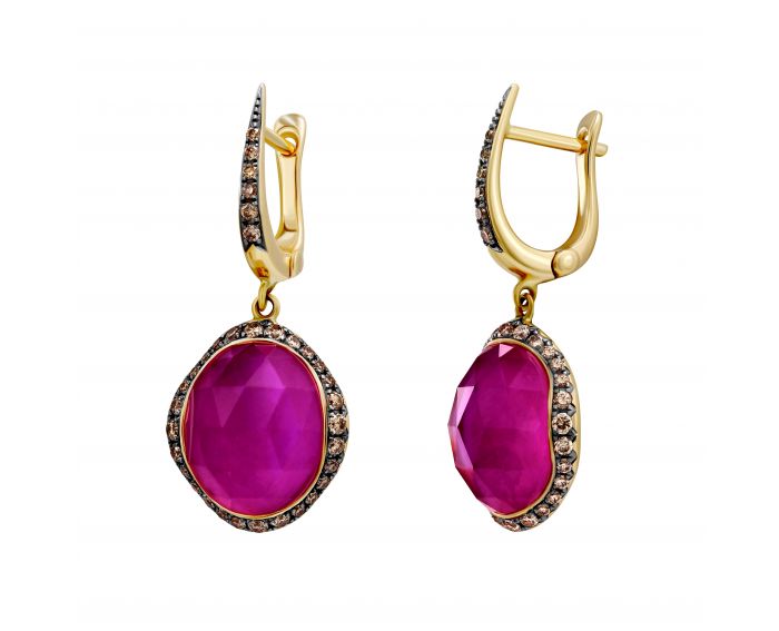 Сережки з діамантами гірським кришталем та рубіном у рожевому золоті 1-145 912