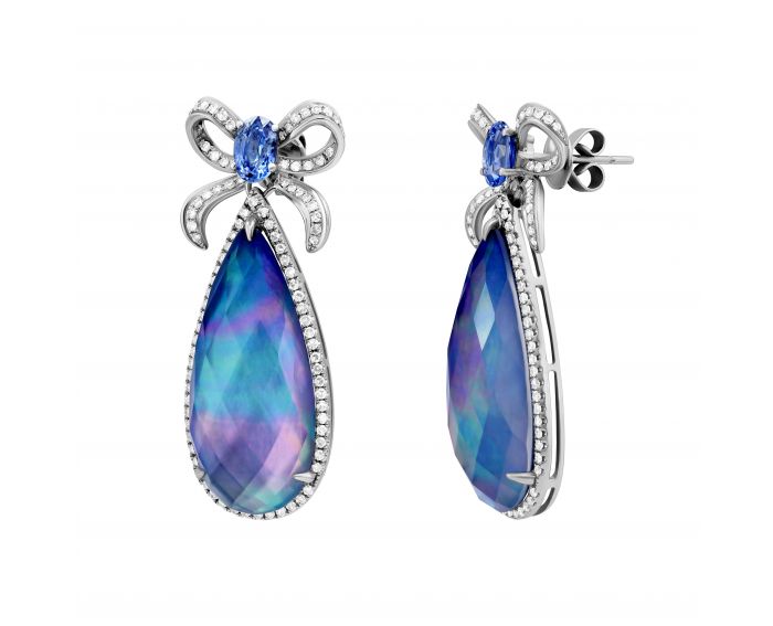 Earrings triplet rock crystal mother-of-pearl and lapis lazuli with diamonds and sapphires in white gold 1С223-0009