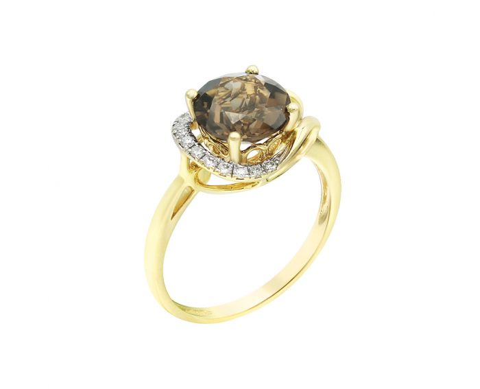 Кольцо из желтого золота с бриллиантами и дымчатым кварцом
