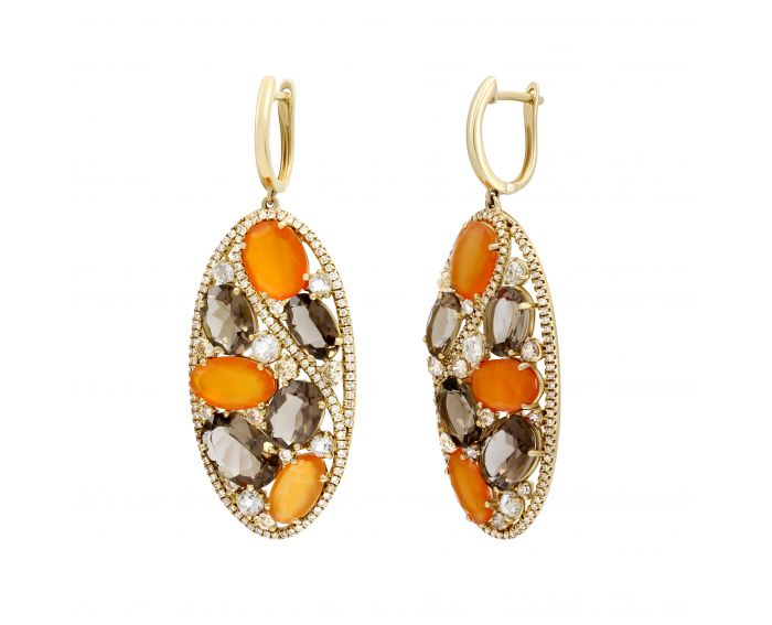 Earrings with diamonds, smoky quartz and carnelian in yellow gold 1-166 793