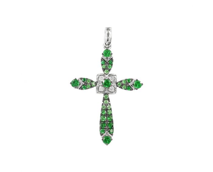 Cross pendant with diamonds and tsavorites in white gold 1-175 344