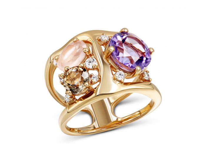 Ring with diamonds, amethyst, smoky quartz and rose quartz in gold 1-184 303