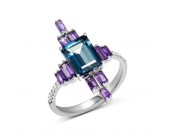 Ring with diamonds, topaz and amethysts in white gold 1К869-0186