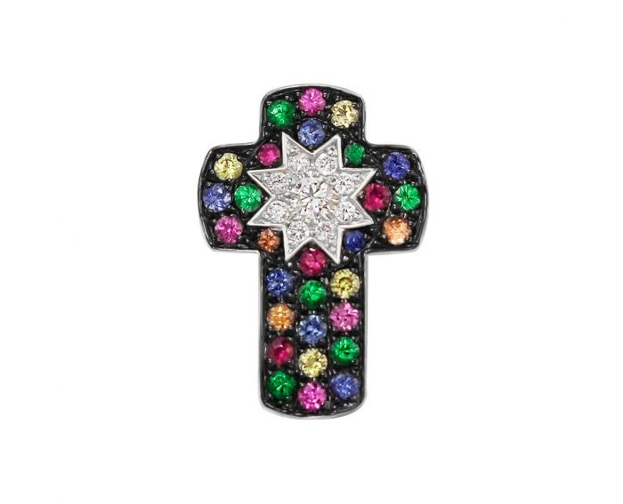 Pendant cross with diamonds and sapphires, tsavorites, rubies in white gold 1П759-0229