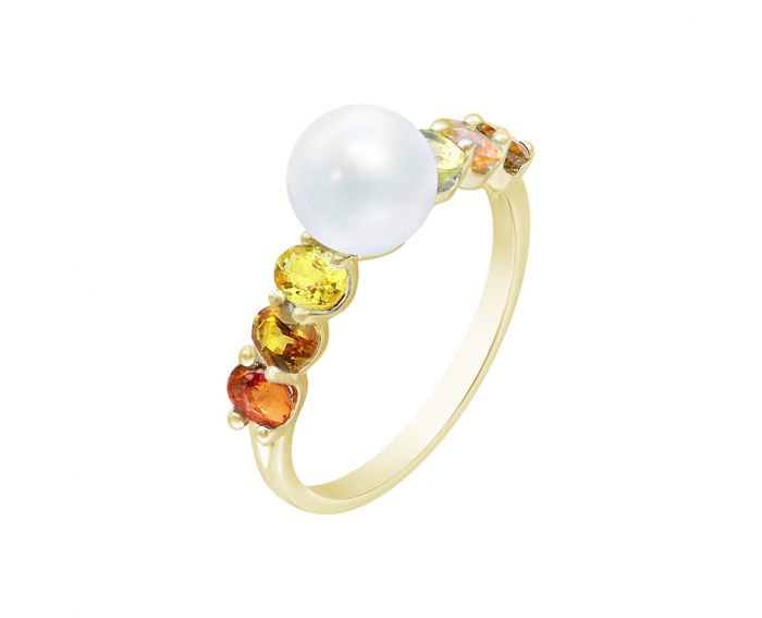 Ring with diamond, sapphires and pearls in yellow gold ZARINA