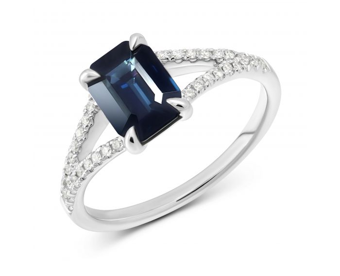 Octagon-cut diamond and sapphire ring