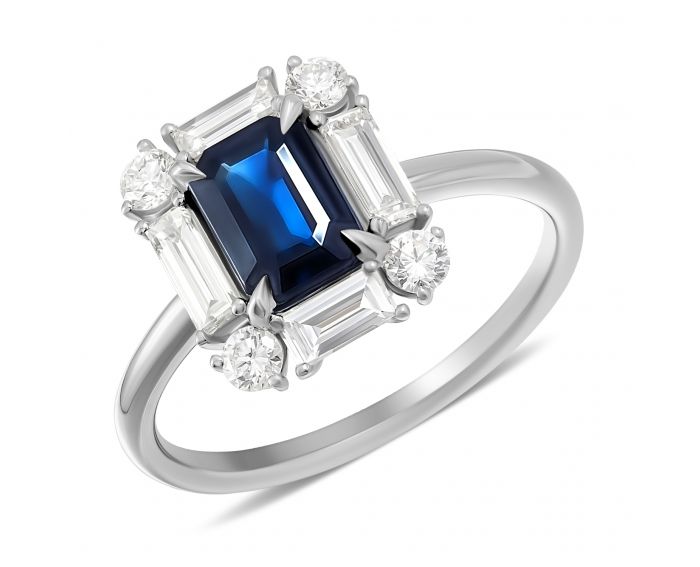 Ring in white gold with octagon-cut sapphire and diamonds