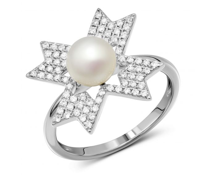 Кольцо с бриллиантами и жемчужиной в белом золоте 1К034-1691