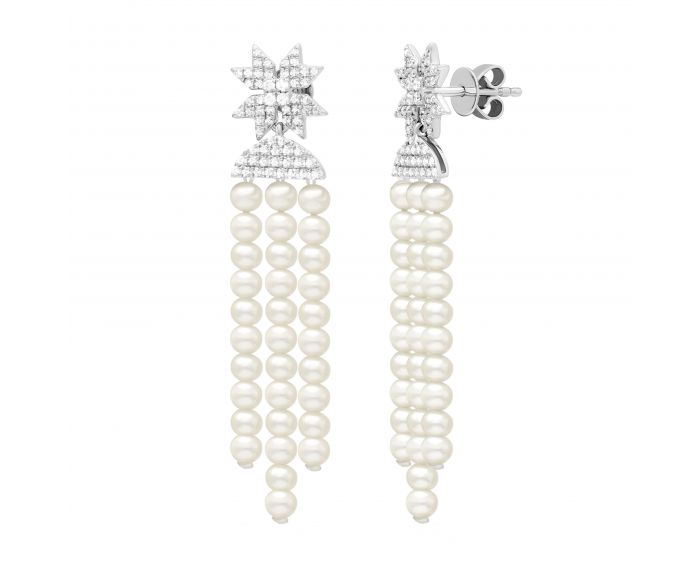 Earrings with diamonds and pearls in white gold 1С034-1476