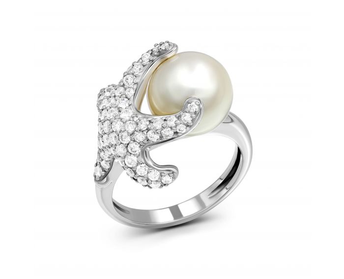 Каблучка з діамантами та перлами у білому золоті 1-210 875