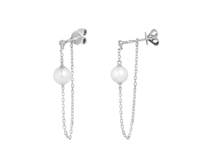 Earrings with diamonds and pearls in white gold 1С193ДК-0531