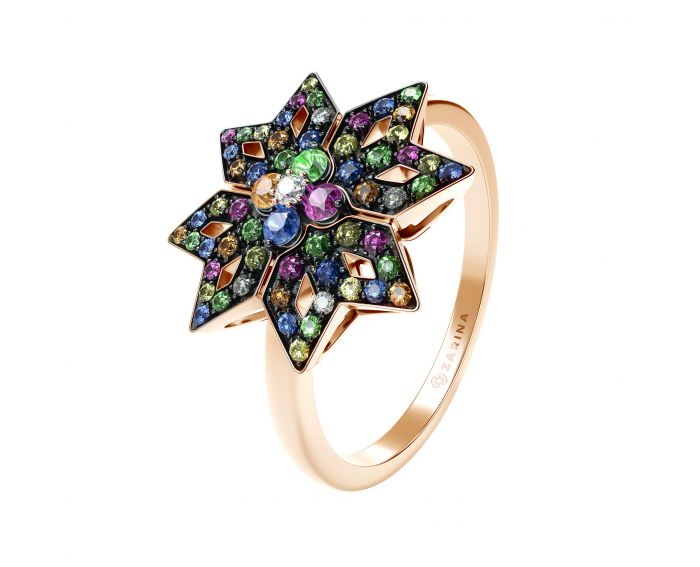 Ring with diamonds, rubies, sapphires and tsavorites in rose gold 1К759-0442