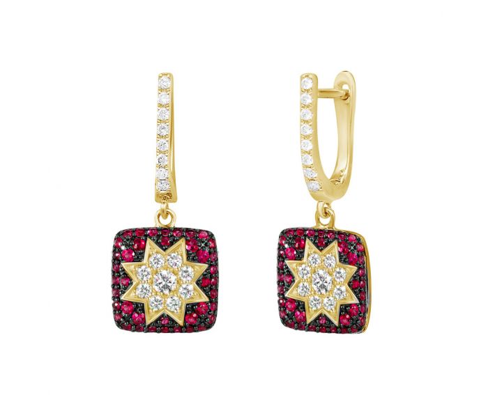 Earrings with diamonds and rubies in yellow gold 1-245 722
