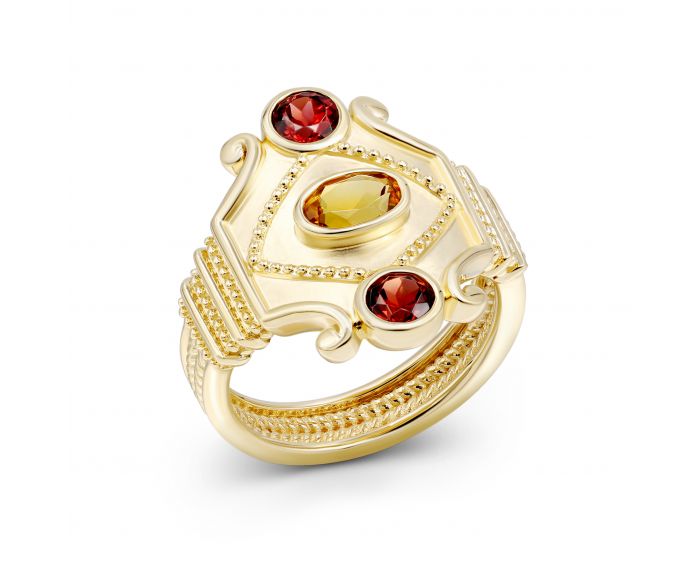 Ring with citrine and pomegranates in yellow gold 2К034НП-1696