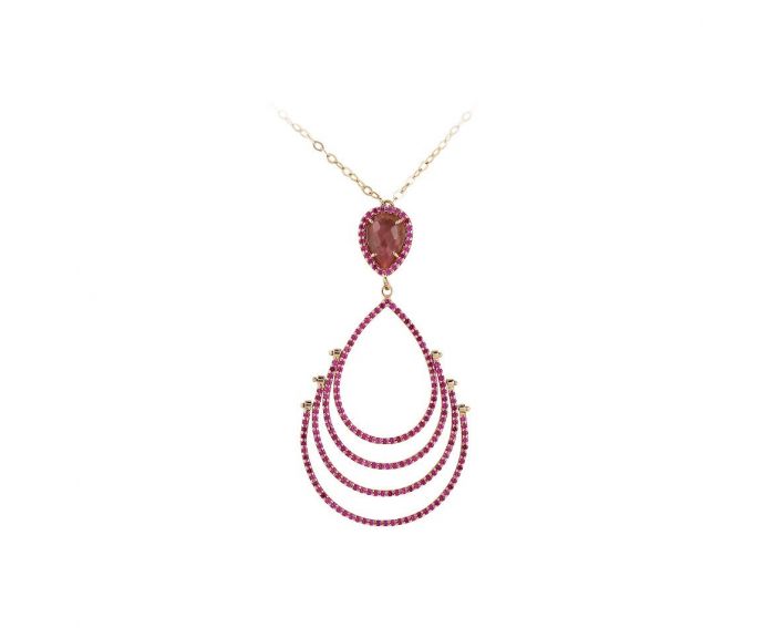 Necklace with zirconia and rhodonite with rozhovy gold 2-205 838