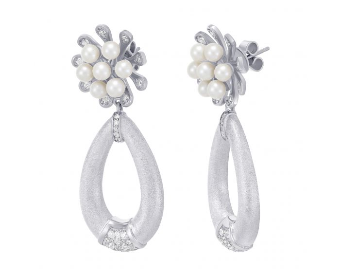 Silver earrings with cubic zirkonia and pearls white rhodium