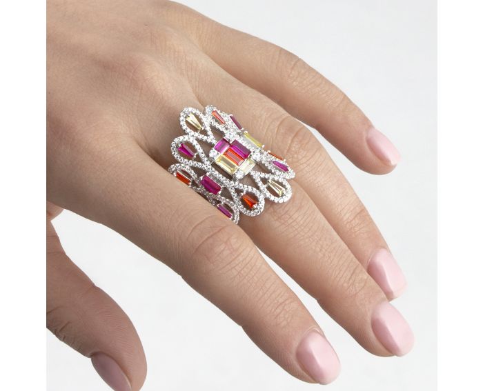 Silver ring with fianitas 3К656-0034