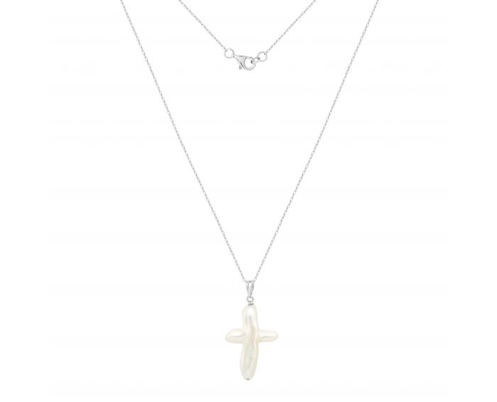 Silver cross necklace with pearl 3L862-0006