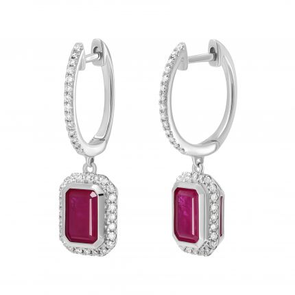 Octagon-cut diamond and ruby ​​earrings