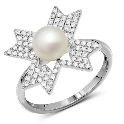 Кольцо с бриллиантами и жемчужиной в белом золоте 1К034-1691