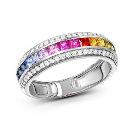 Ring with diamonds and multi-sapphire in white gold 1-243 436