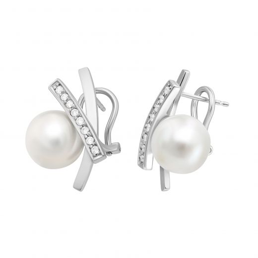Earrings with diamonds and pearls in white gold 1-033 086
