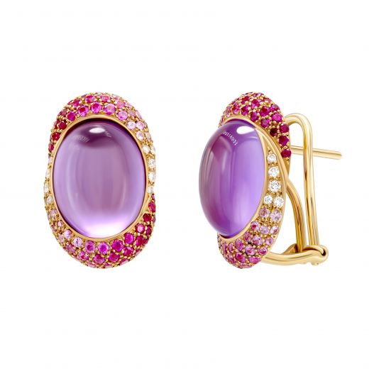 Earrings with diamonds, amethysts, erysipelas sapphires and rubies in ivory gold 1-093 290