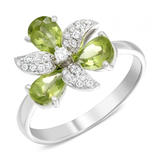 Ring with diamonds and chrysolite in white gold