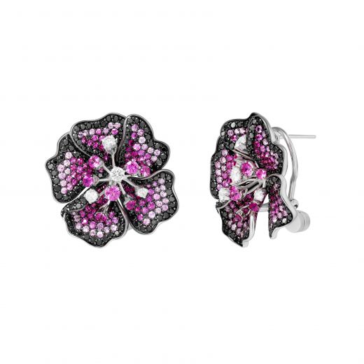 Flower earrings with diamonds and pink sapphires in white gold 1-114 885