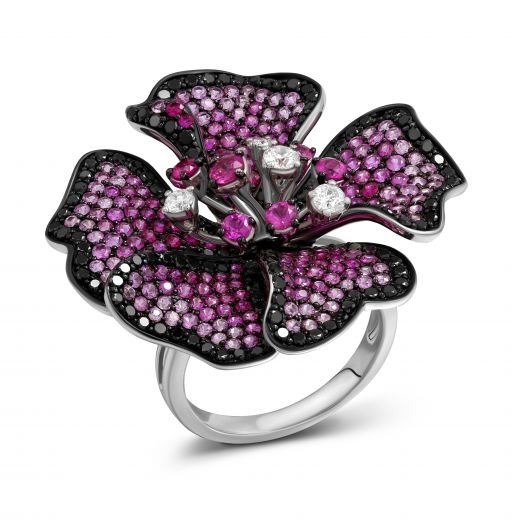 Flower ring with diamonds and pink sapphires in white gold 1-114 834