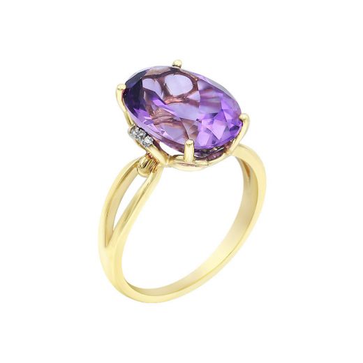 Yellow gold ring with diamonds and amethyst