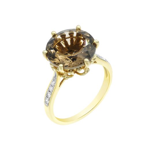 Yellow gold ring with diamonds and smoky quartz