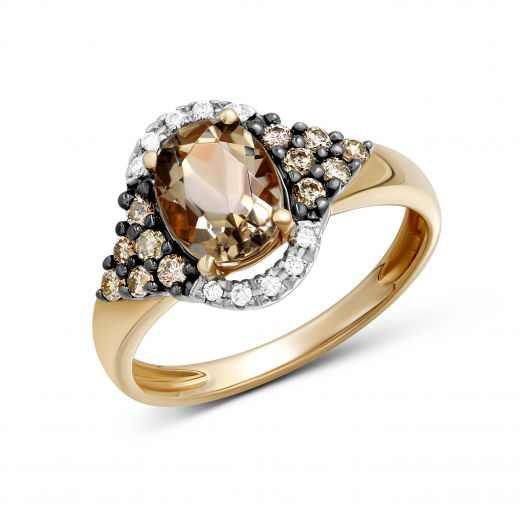 Ring with diamonds and smoky quartz in rose gold 1-134 079