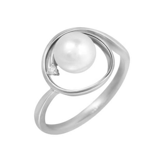 Ring with pearl and diamond in white gold 1-140 902