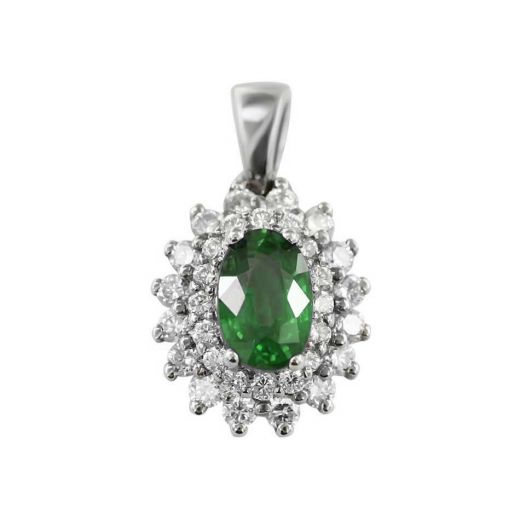 Suspended Muse with diamonds and emeralds in white gold