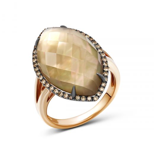 Duplet diamond, smoky quartz and mother-of-pearl ring