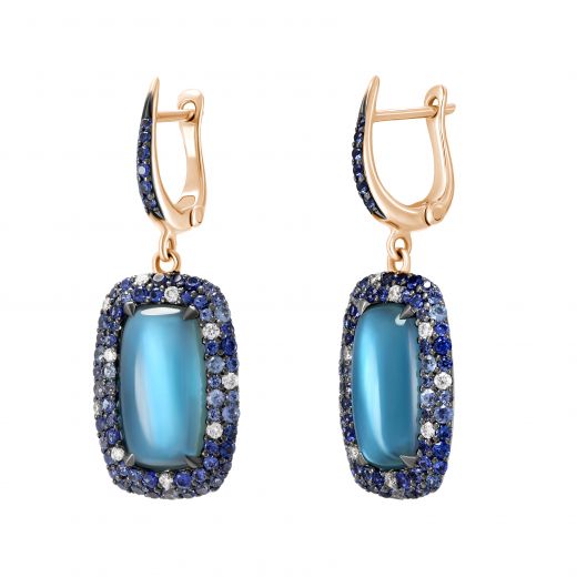 Earrings made of rose gold with diamonds, sapphires and topazes